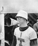 July, 7 1962. Bob Vernon, cox of the Massachusetts Institute of Technology (MIT) rowing team wearing his hands-free megaphone at Henley Royal Regatta, Oxfordshire. Courtesy of HRR - Click for full-size image!